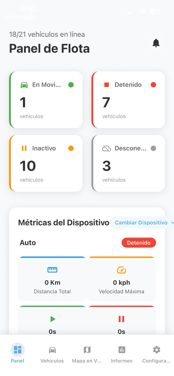 App StarLinkGPS mostrando el mapa de vehículos en tiempo real