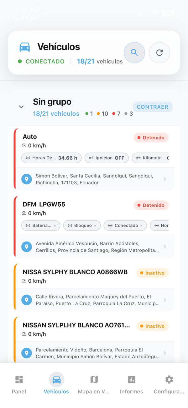 Pantalla de la app: lista de vehículos con estado