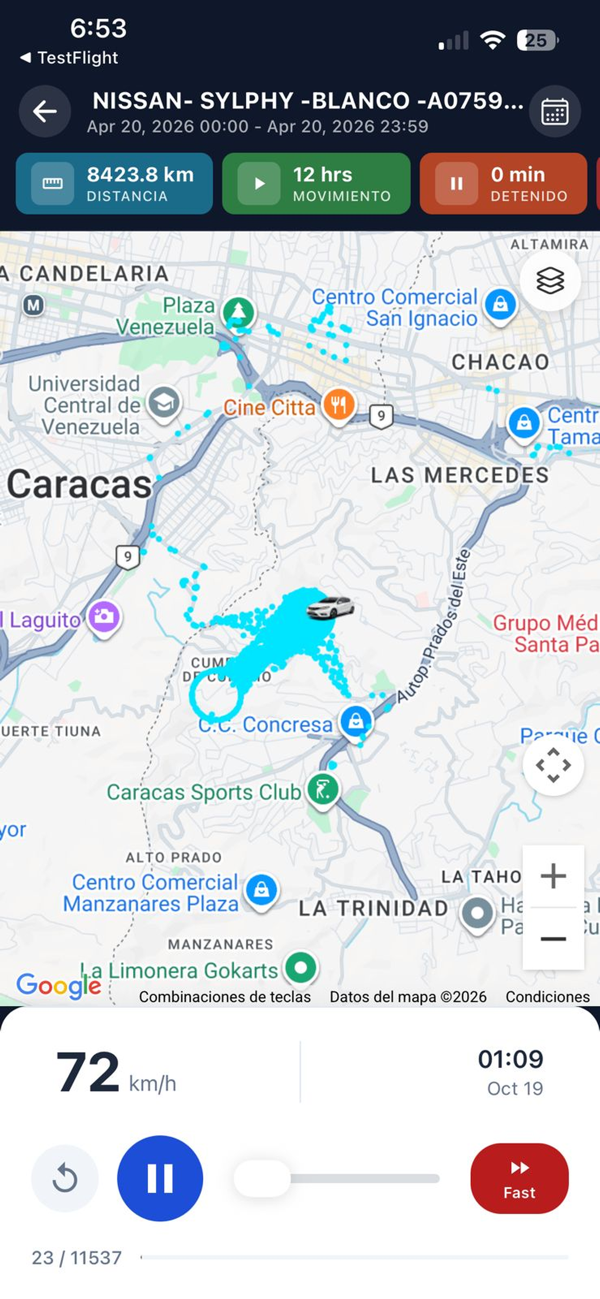 Pantalla de la app: historial de rutas